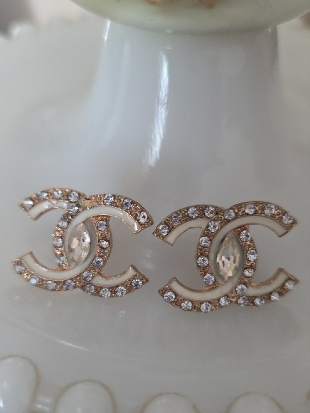 Fashion Inspired Double C White Crystal Interlocking Earrings